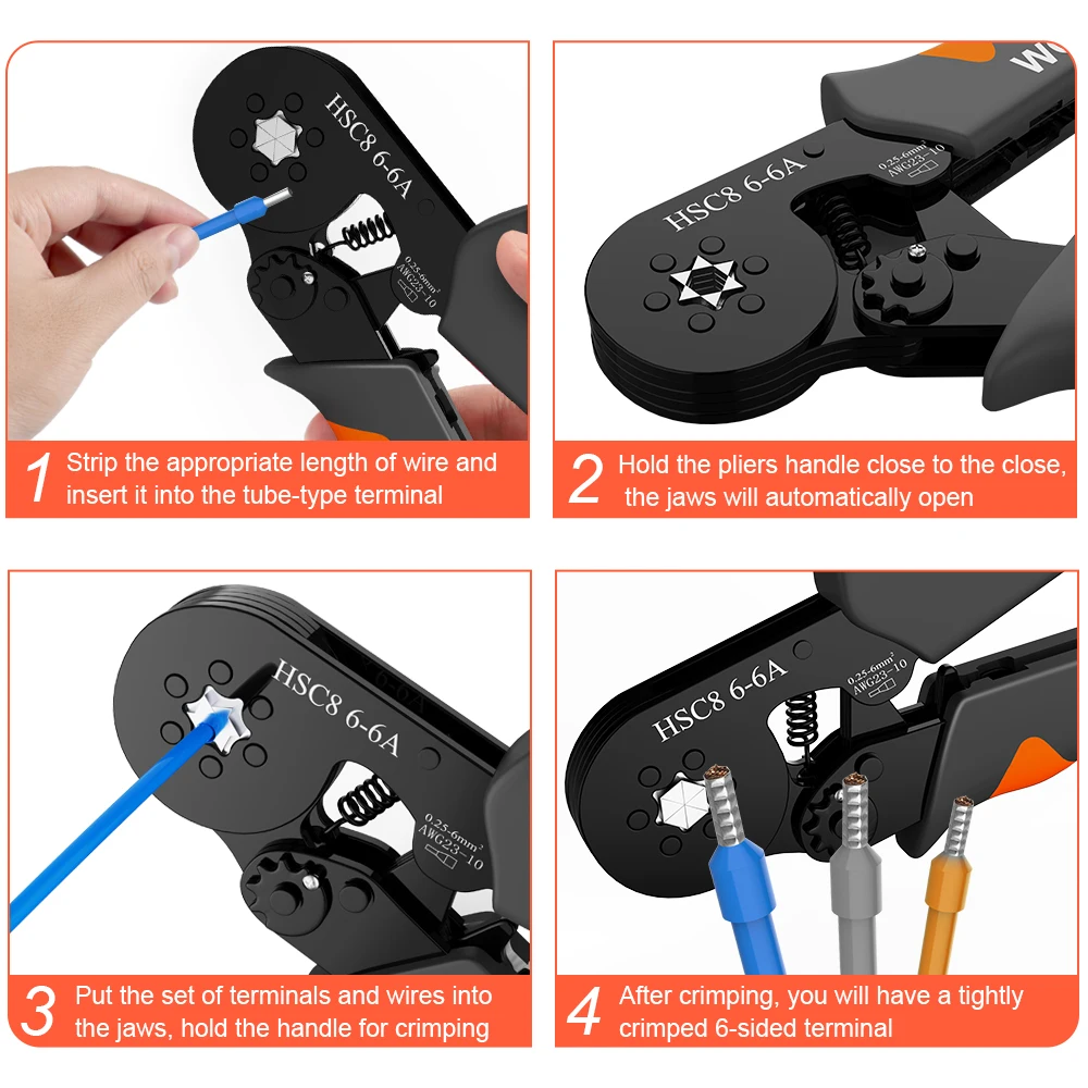 1set Crimping Pliers, Tubular Terminal Crimping Pliers, HSC8 6-4A/0.25-10mm ², HSC8 6-6A/0.25-6mm ², High Precision Fixtures， Ca