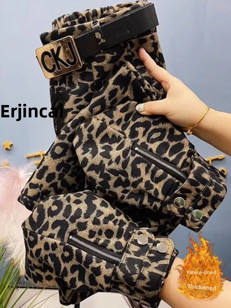 

Брюки в стиле Mommy Style с утолщенной флисовой подкладкой, в стиле Харадзюку, с леопардовым принтом, спортивные, свободные, повседневные, в стиле ботинок, осень-зима