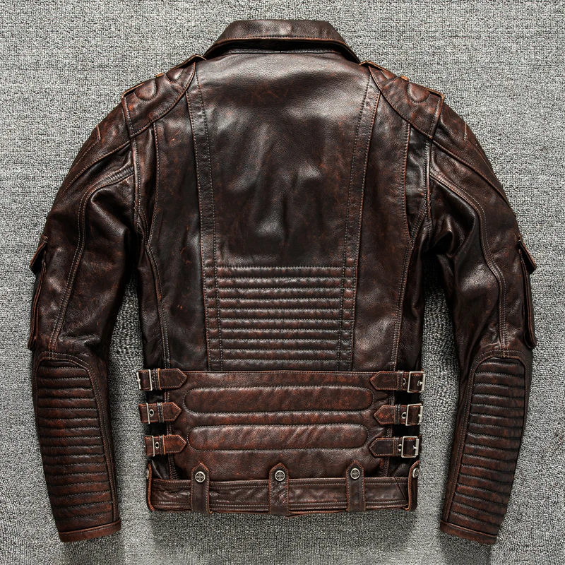 May Khaki Top Layer Cowhide Leather men's Motorcycle Jacket Can Be Removed Inner Liner Can Be Added Protective Short Leather