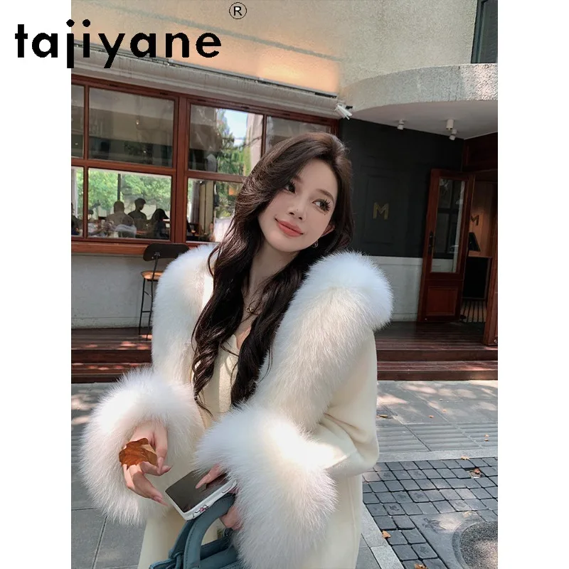 TAJIYANE Double Sided Woolen Coat Women Mid-length Outerwear Hooded Jackets for Woman Winter Cape Overcoat Fox Fur Collar Пальто