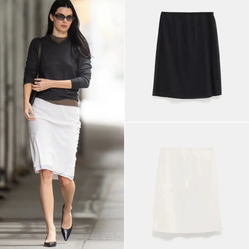 QICHE Women Silk Chiffon Straight Skirt Minimalist Knee Length Slight Stretch Elastic Waist Casual Summer Bottoms