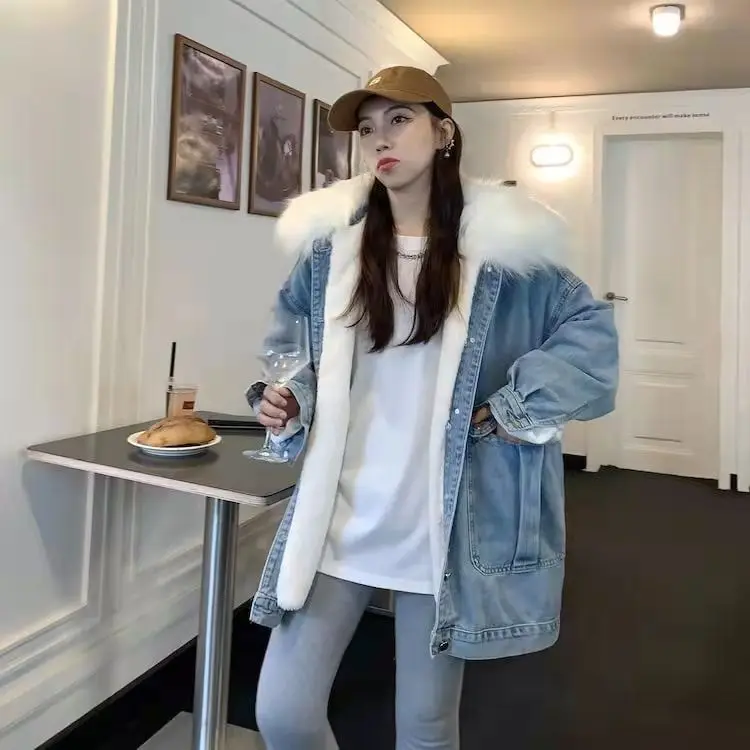 

Джинсовое пальто для женщин, темное меховое плюшевое женское зимнее лоскутное стеганое пальто с капюшоном на шнурке, гранж-фестиваль, офис, минимализм, городской OL