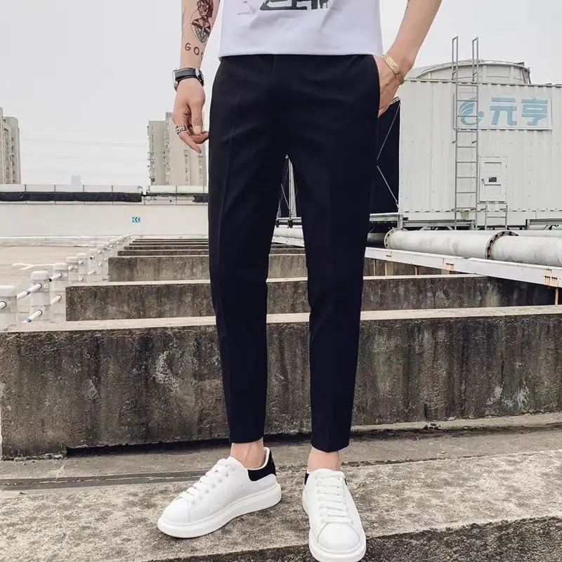 Streetwear Fashion Men Solid Color Smart Casual Suit Pants Spring Summer Thin Slim Fit New Business Cropped Straight Trousers