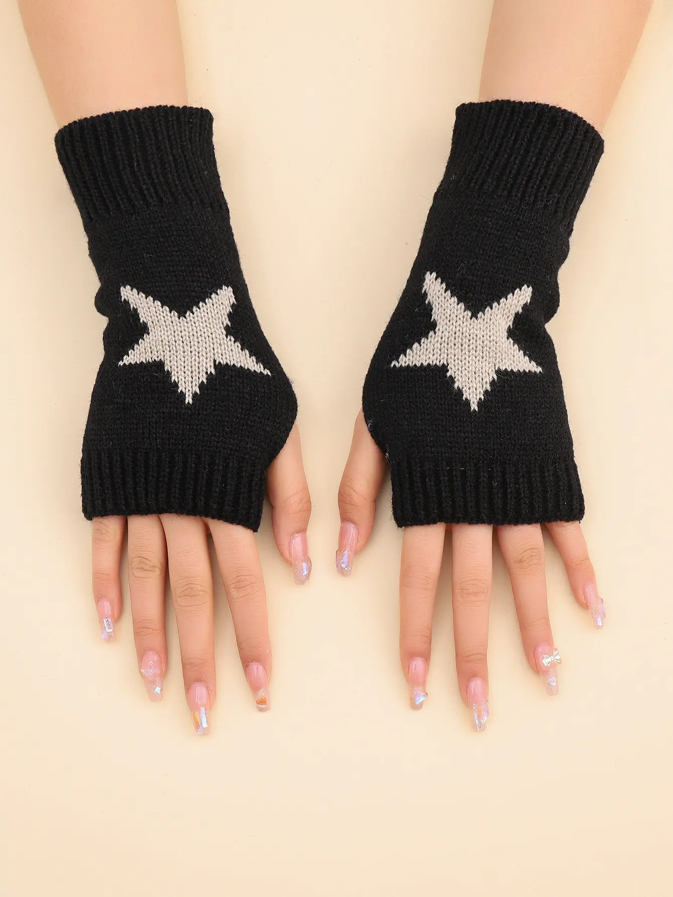 

1Pair Women's Star Print Fingerless Knit Gloves, Warm Y2K Style Winter Gloves For Halloween