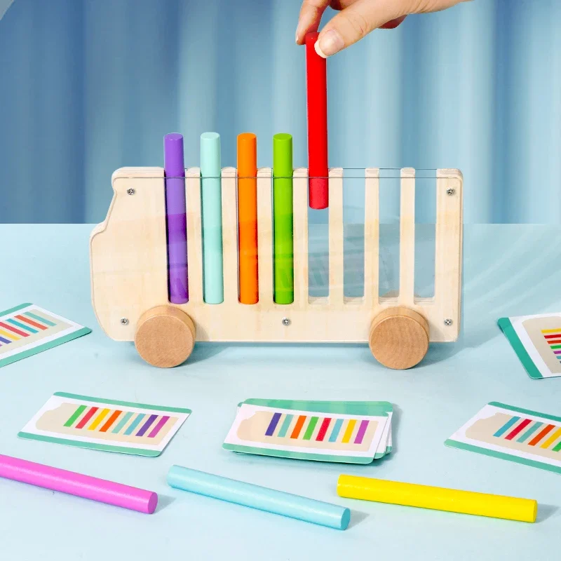 Jeu de tri des couleurs en bois, jouets en forme de Bus pour insérer des bâtons multicolores, chariot mobile avec 20 cartes de Cognition des couleurs