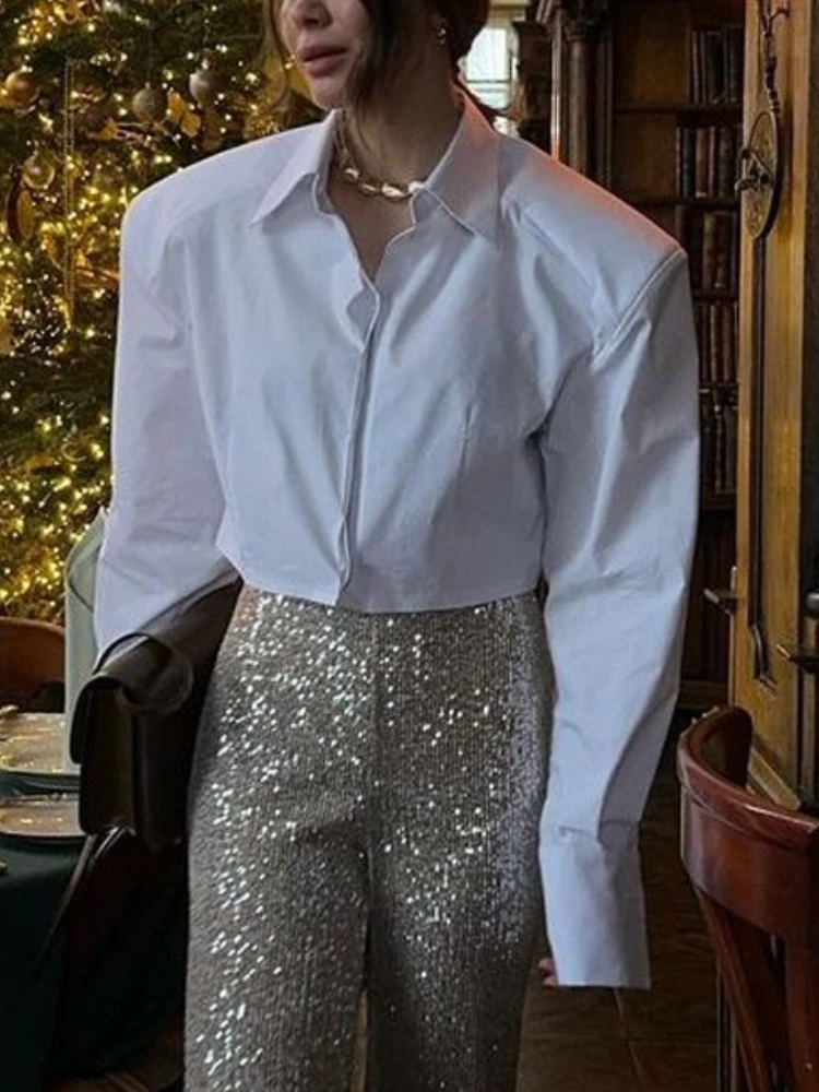 

Tossy White Turndown Collar Commuter Short Shirts For Women Long Sleeves Patchwork Cardigan High Waist Clothes Female Blouse Top