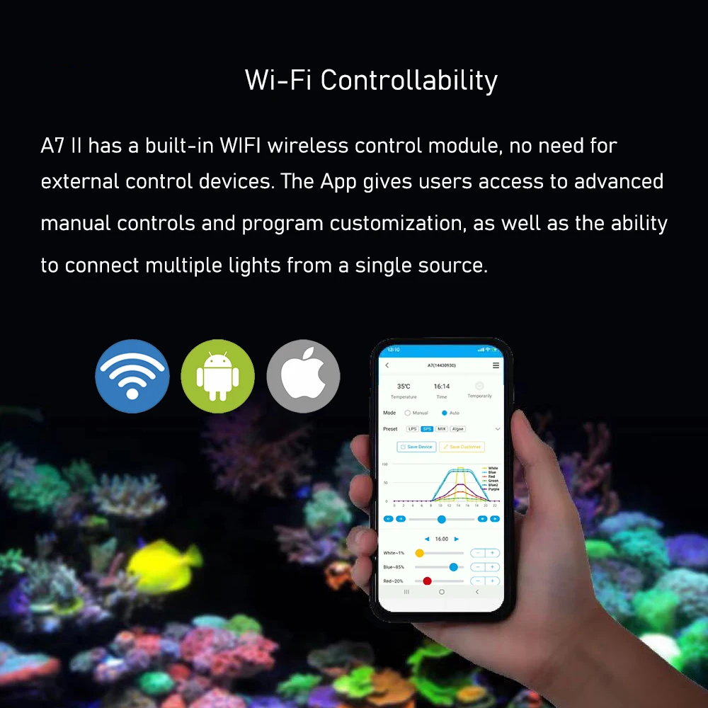 A7 II WiFi App Phone Control Full Spectrum 100W Saltwater Marine LED Aquarium Light for Coral Reef Fish Tank