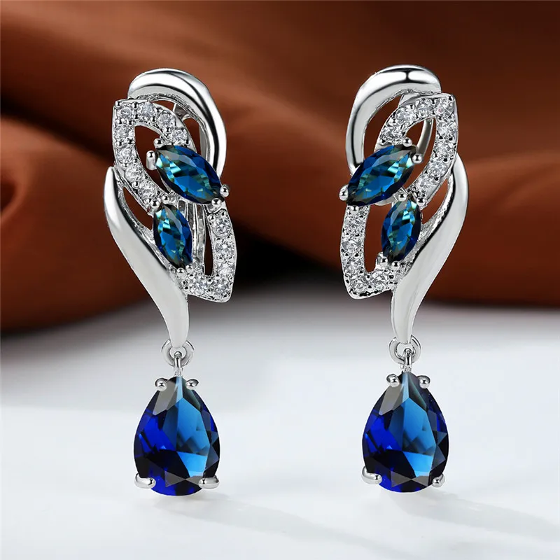 Luxus Weibliche Blau Regenbogen Stein Ohrring Silber Farbe Clip Ohrringe Für Frauen Charme Kristall Zirkon Hochzeit Schmuck