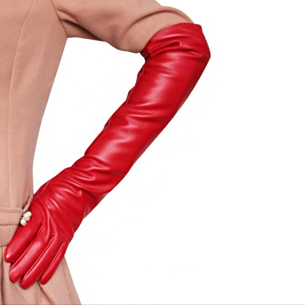 High Quality Solid Color Pu Leather Gloves Touch Screen Full Finger Long Gloves Retro Warm Touch Screen Mittens Women