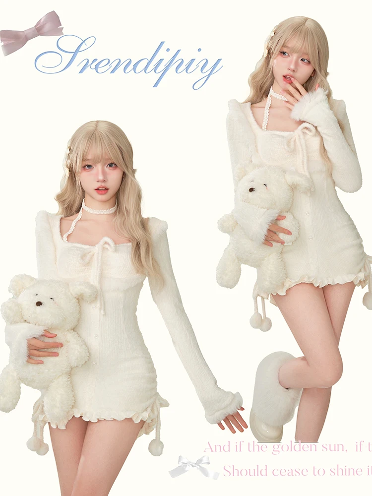 RORORIRI Lolita White Plush Knit Mini Dress Women Winter Pom Pom Drawstring Bowknot Backless Bodycon Frill Trim Desire One-piece