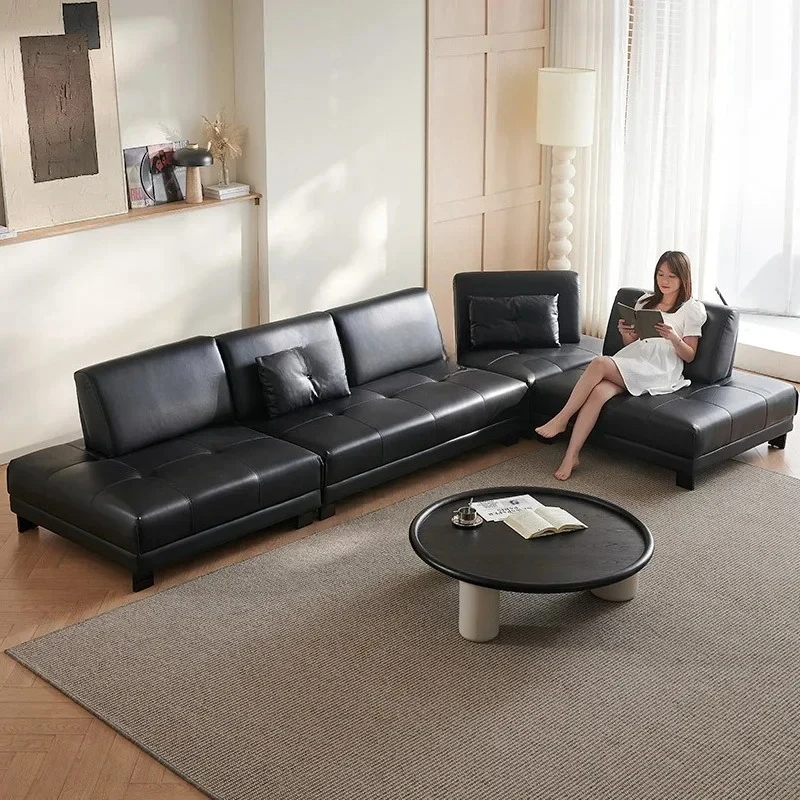 

H French leather sofa retro minimalist adjustable backrest large sitting deep armrest leather sofa D96