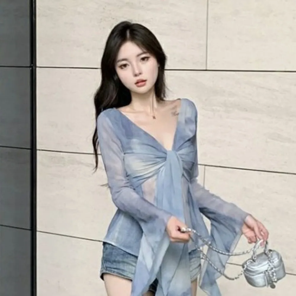 الشارع الشهير قنديل البحر شبكة حزام تي شيرت قزم كم طويل مطوي طوق سليم صالح المحاصيل القمم الكورية Y2K Ins غير النظامية #3