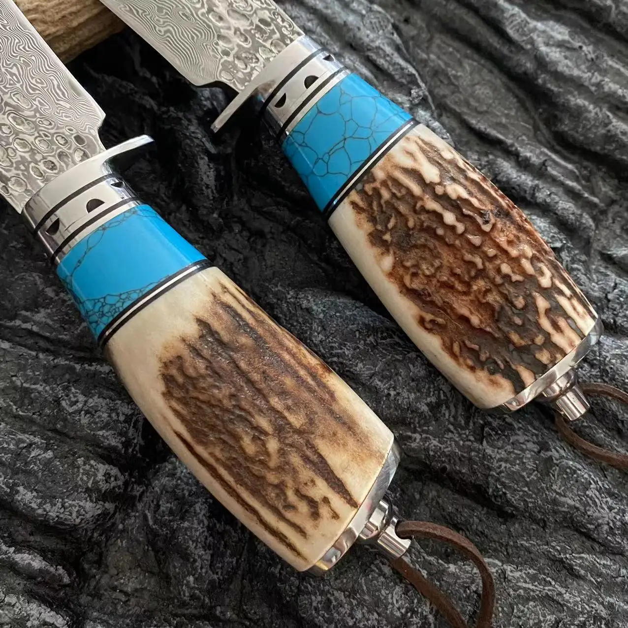 Handmade Natural Deer Antler + Turquoise Handle Fixed Blade Knife Damascus Steel Outdoor Camping Survival Knife For Self Defense