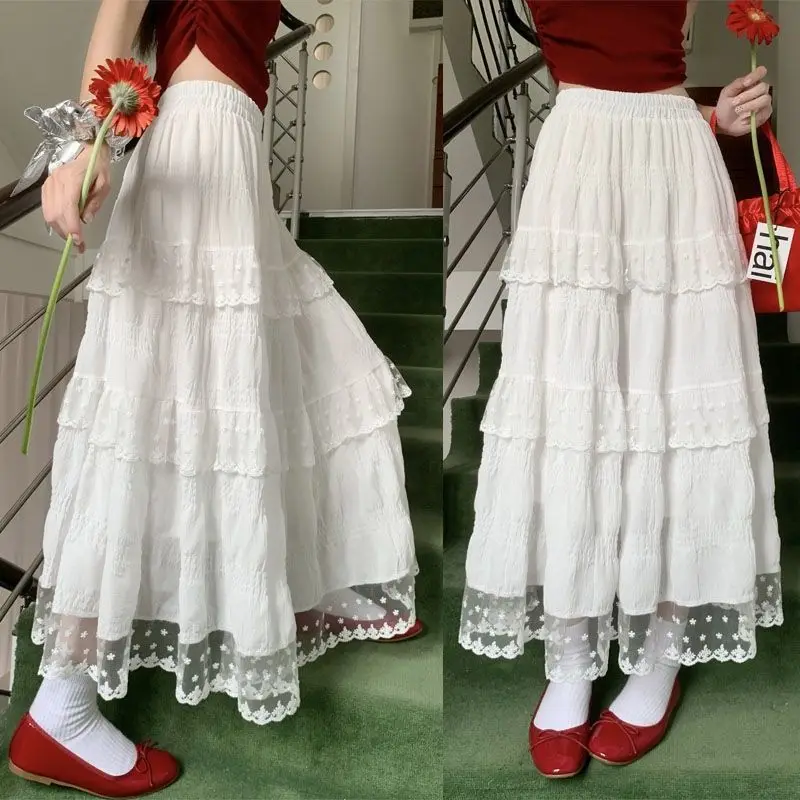 

2025 Spring and Summer White Half Length Skirt Women's Lace High Waisted Long Skirt Big Swing A-line Skirt