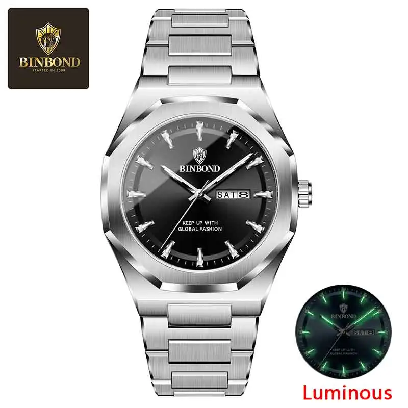 BINBOND 1pc Fashion Men's Quartz Watch Stainless Steel Strap Waterproof Casual Watch Business Sport Dual Calendar Men Watch