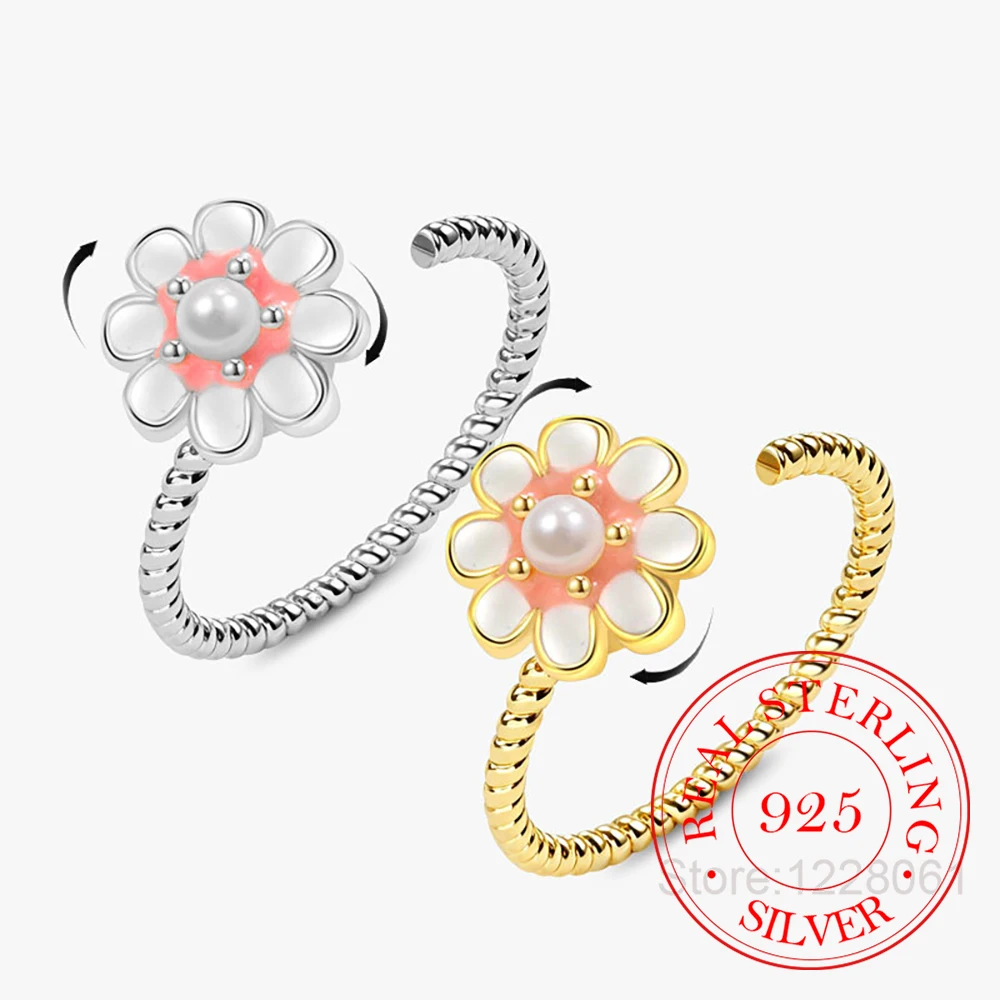 925 Sterling Silver Jewelry Enamel Flower Pearl Rotating Finger Rings for Women Wedding Party Jewelry For Girls Friend Gift