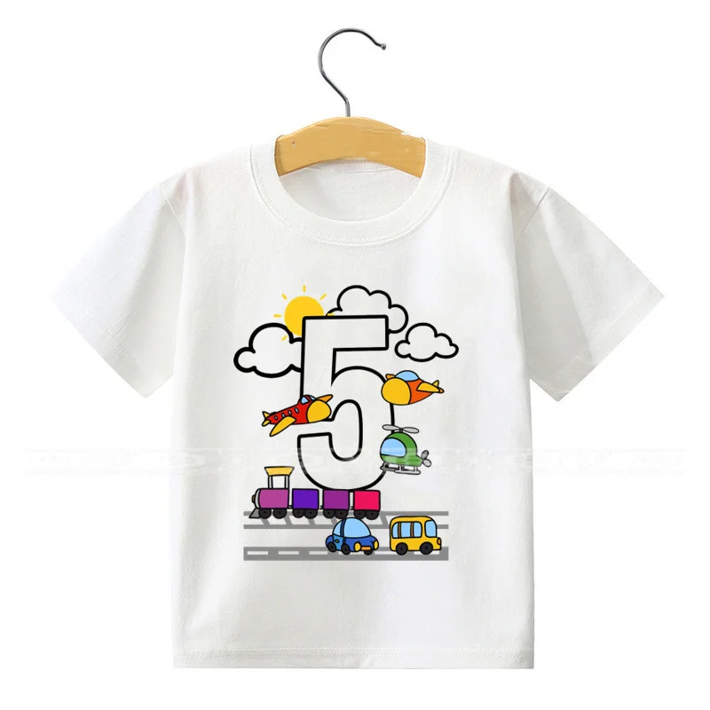 Birthday shirt 2-8 years Two cars, cars, airplanes, trucks, trains, printed T-shirts for boys and girls, casual top