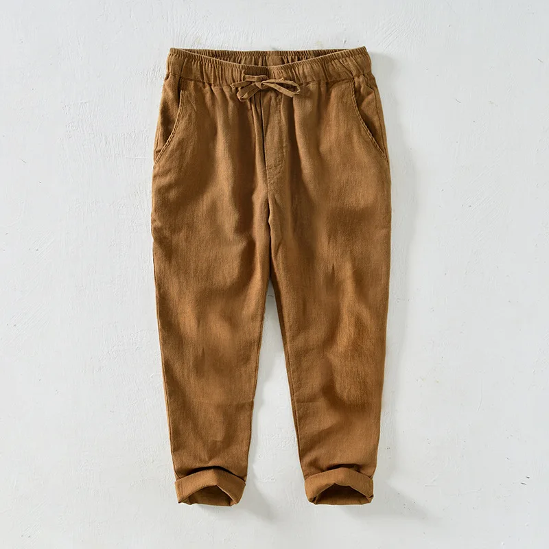 2025 New Cotton Linen Pants for Men Solid Color Casual Fashion Trousers Male Elastic Waist Straight Pants Plus Size 4XL