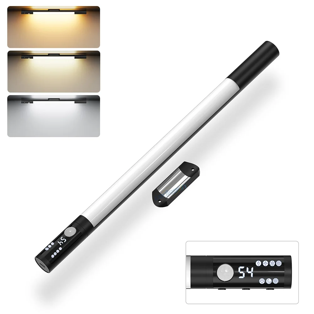 Upgraded Motion Sensor Light 3 Color Adjustable Rechargeable Night Lamp Under Cabinet Light Bar with Digital Screen Easy Install