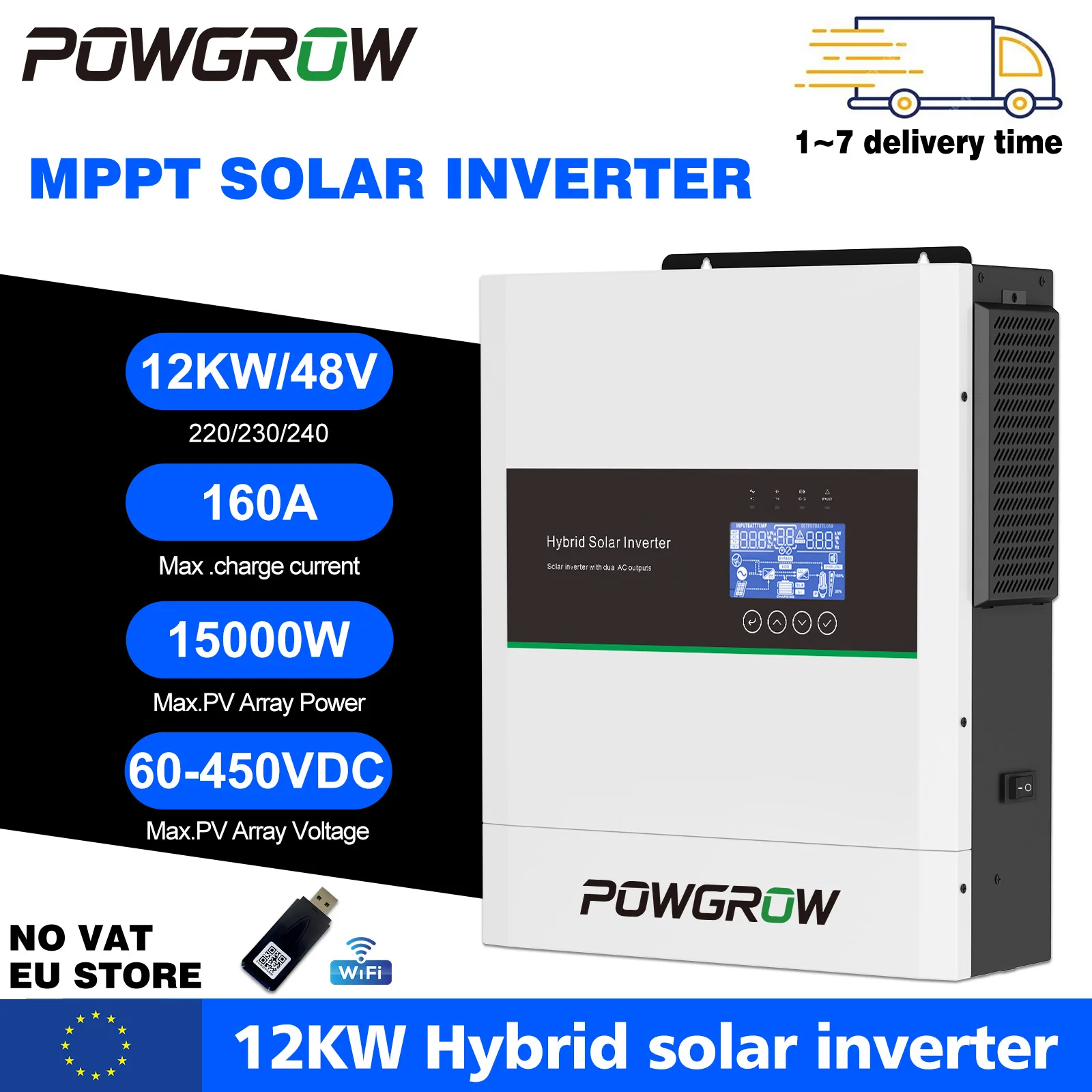 Powgrow 12Kw 48V Hybride Solar Inverter Zuivere Sinusgolf Ingebouwde 160A MPPT Solar Controller Wifi App Monitoring Dubbele AC Uitgang Dubbele PV Ingang 230Vac