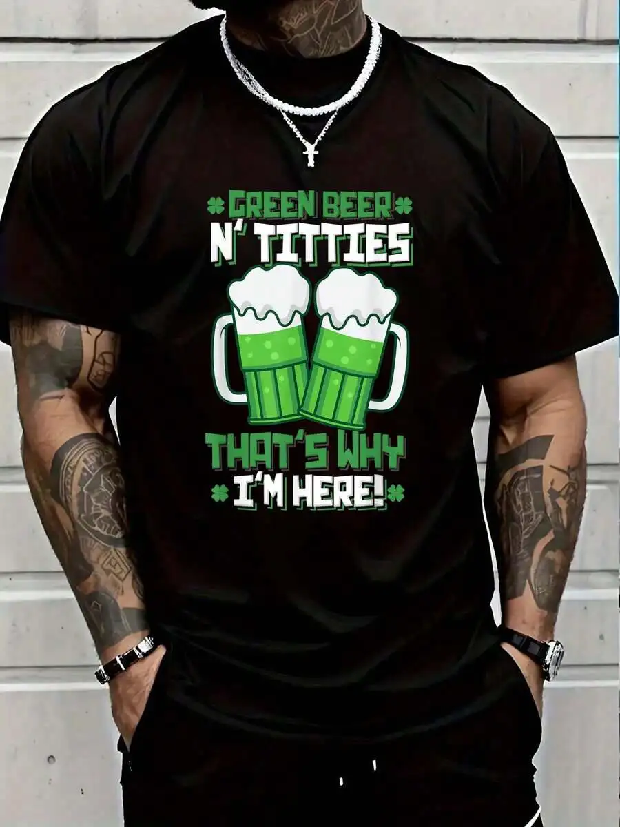100% Cotton Green Beer Funny St Patrick Day Adult Drinking Shirt Men's Black Vacation Crew Neck Short Sleeve Holiday T-Shirt Sum