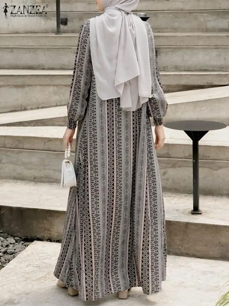 Bohemain Autumn Maxi Dresses ZANZEA Muslim Turkey Abaya Hijab Sundress Robe Femme Vintage Long Sleeve Printed Vestidos Islamic