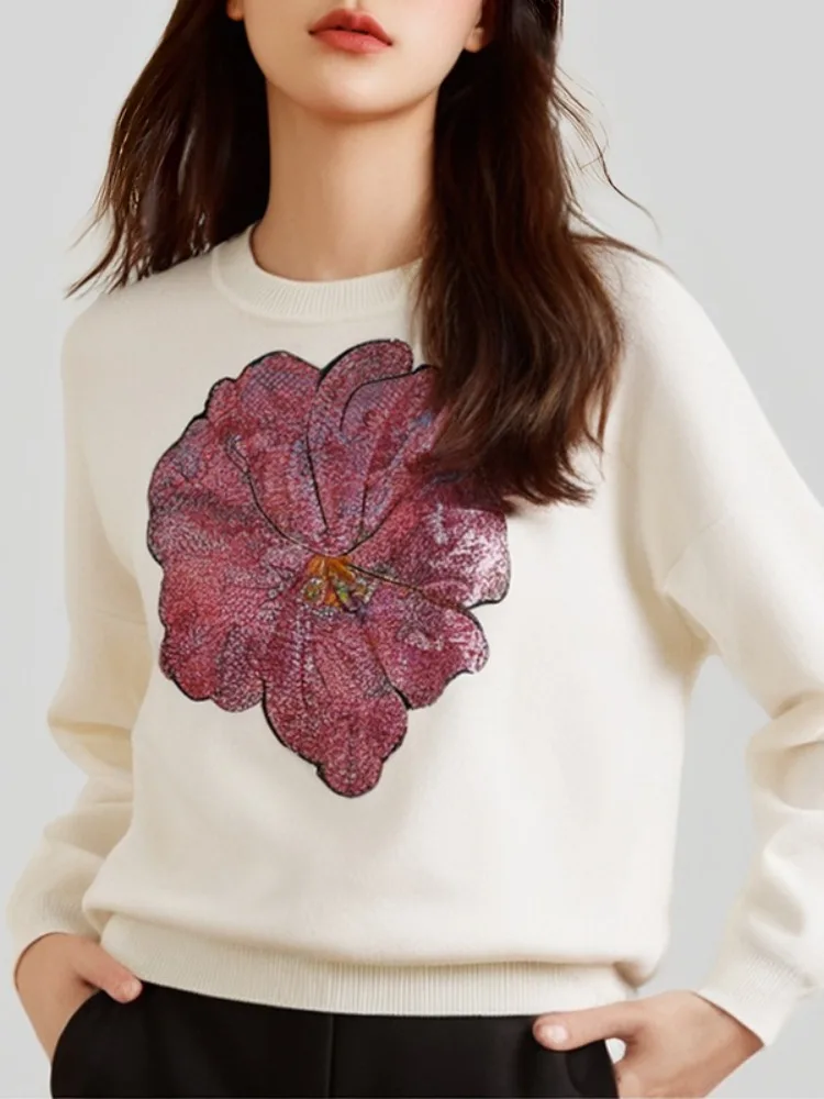 UOOZEE Women's Fashion Sequined Flower Printed Pullovers Sweater 2024 Autumn Winter Long Sleeves Loose Fit Casual Knit Tops