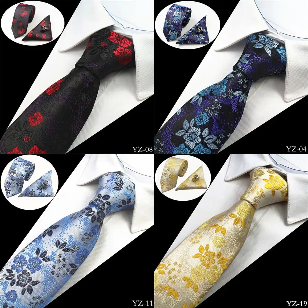 Ricnais Fashion Floral Silk 8cm Tie Set Yellow Pocket Square Cufflinks Neck Tie Sets For Mens Business Wedding Accessories Gifts