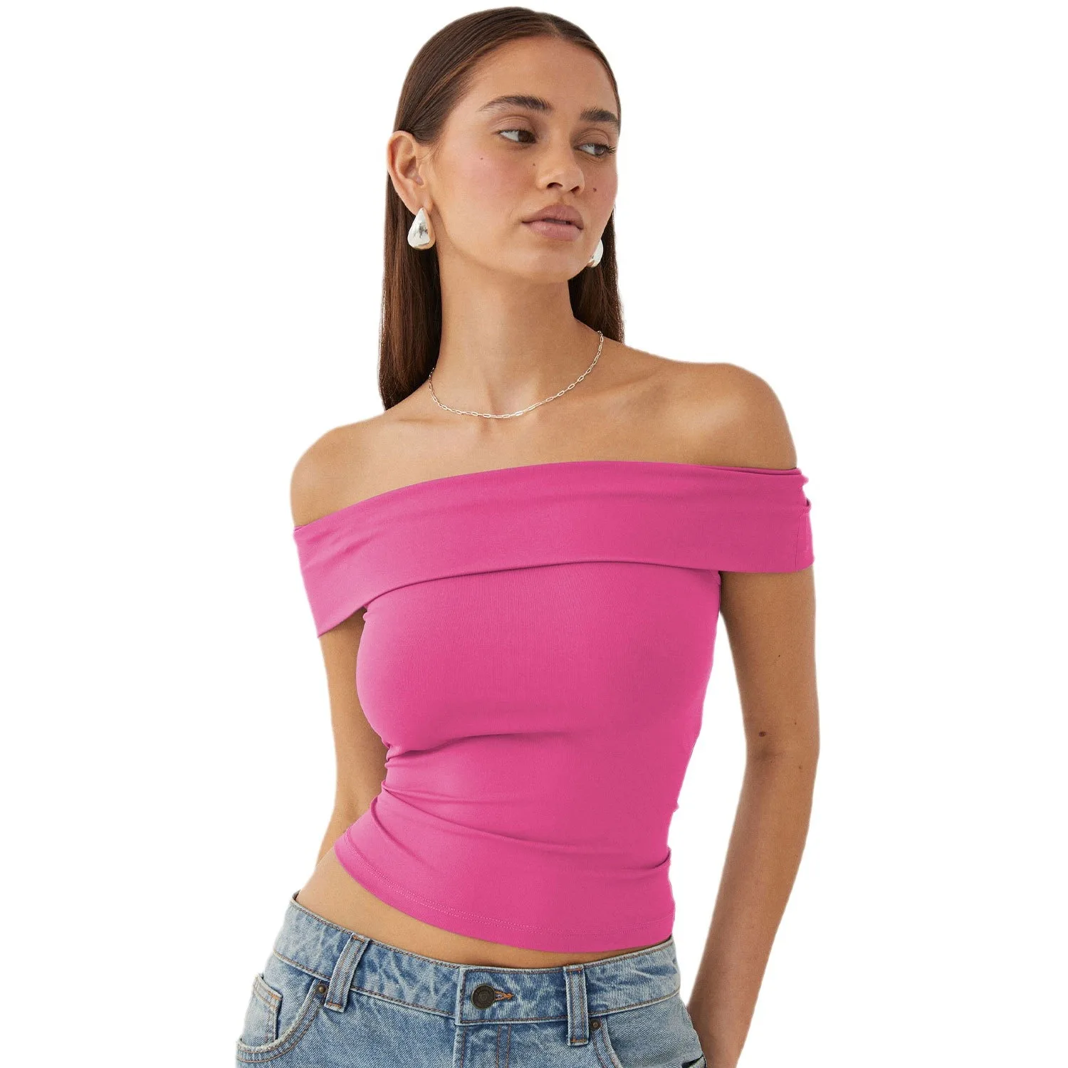 2024 Summer Sexy Women Short Sleeve Square Neck Off Shoulder Crop Top Female Fashion Streetwear T-shirt Women Clothing