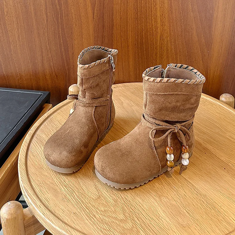 

Кожаные ботинки принцессы средней высоты в стиле ретро для девочек, зима 202, нескользящая теплая детская обувь на мягкой подошве для девочек 3–12 лет