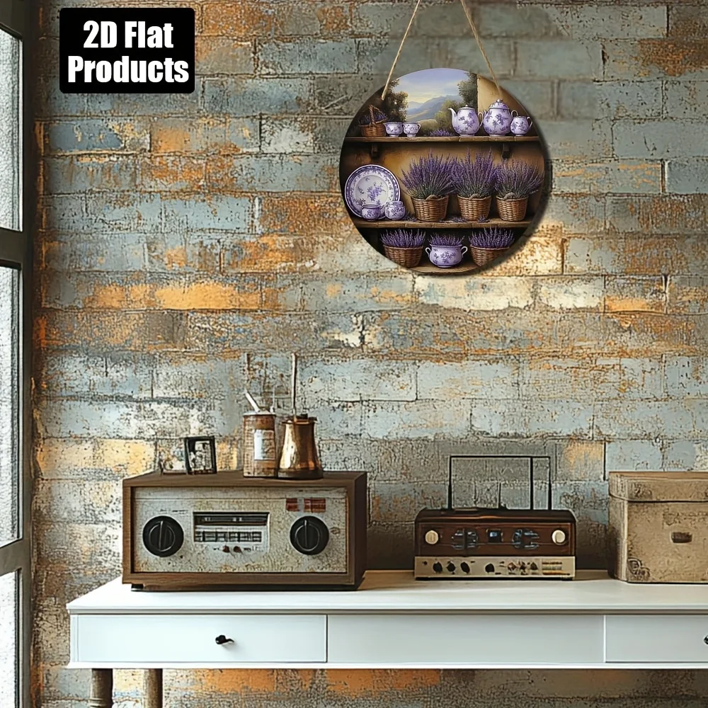 2D Flat, 1pc, Round Wooden Wall Art Decorative Sign, Lavender Floral Theme, Suitable for Bar Kitchen Coffee Shop Home Room Livin