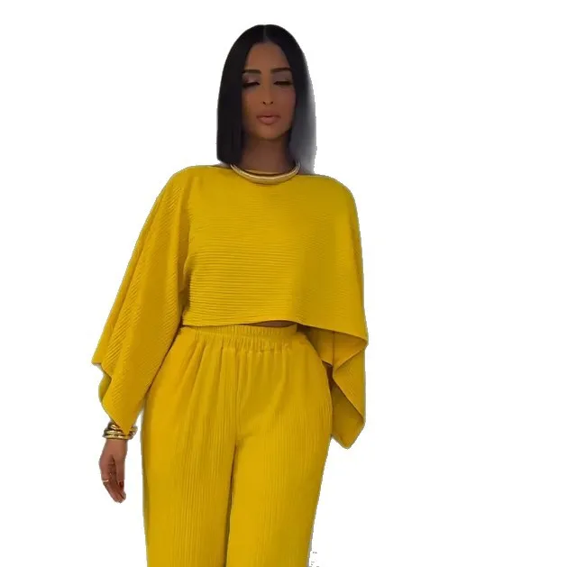 Conjuntos De Mujer 2 Piezas Elegante Round Neck Solid Color Oversized Short Top Wide Leg Trousers Suit Women's Pantolon Setleri