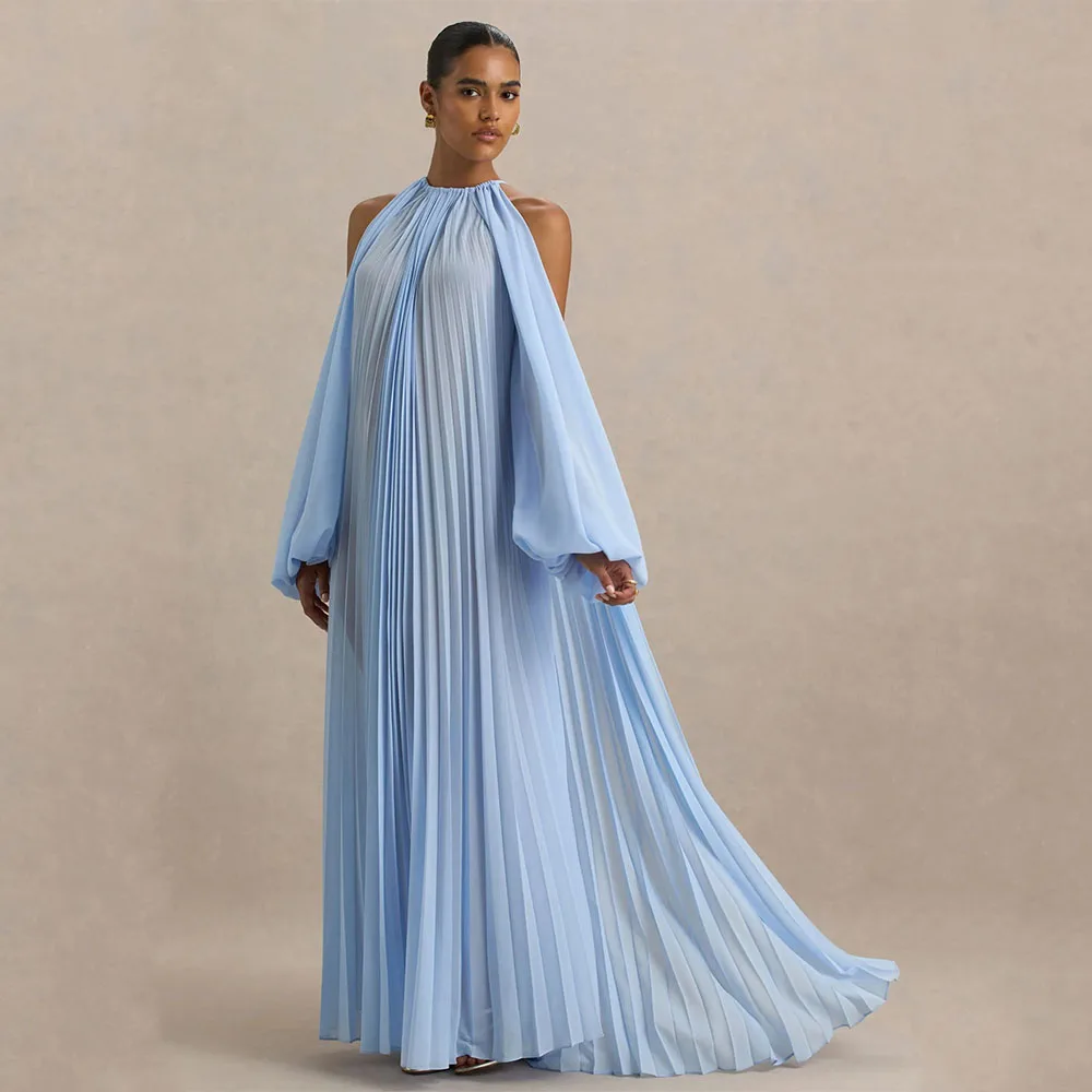 

Customized Elegant Women's Party Dresses Maxi O Neck Halter A Line Formal Evening Gowns Sky Blue Pleated Chiffon Prom Dress 2026