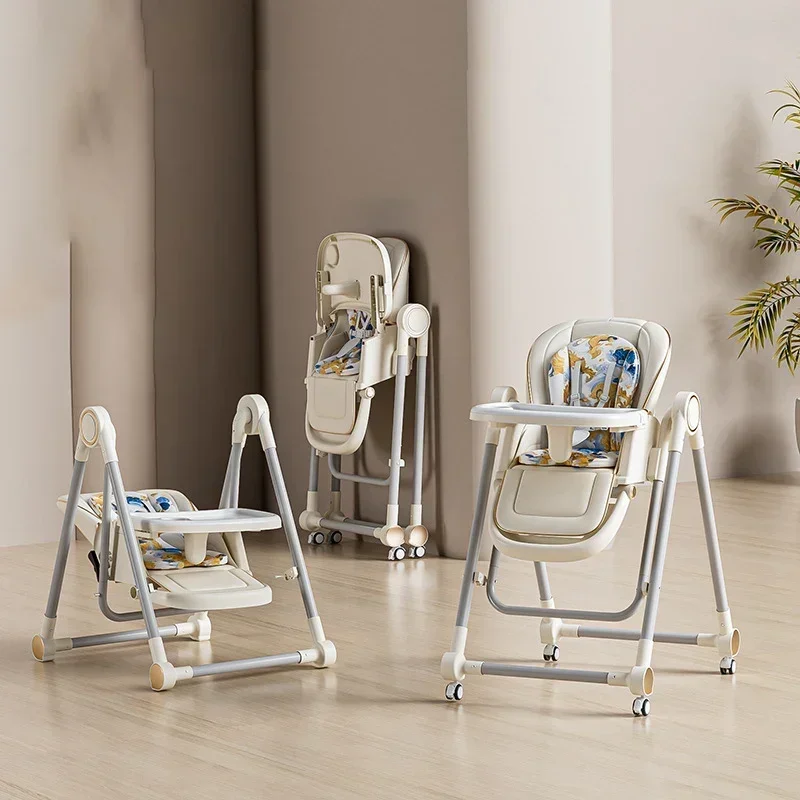 Removable Baby High Chair Dining Table Multi-functional Foldable 4-gear Adjustment 5-point Seat Belt Reclining PU Cushion