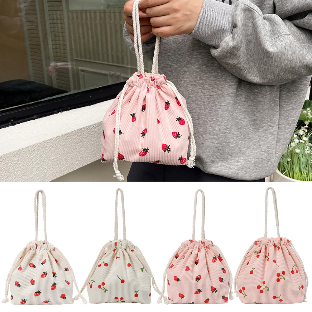 

Corduroy Strawberry Bucket Bag Drawstring Closure Casual Tote Bag for Women Everyday College Travel