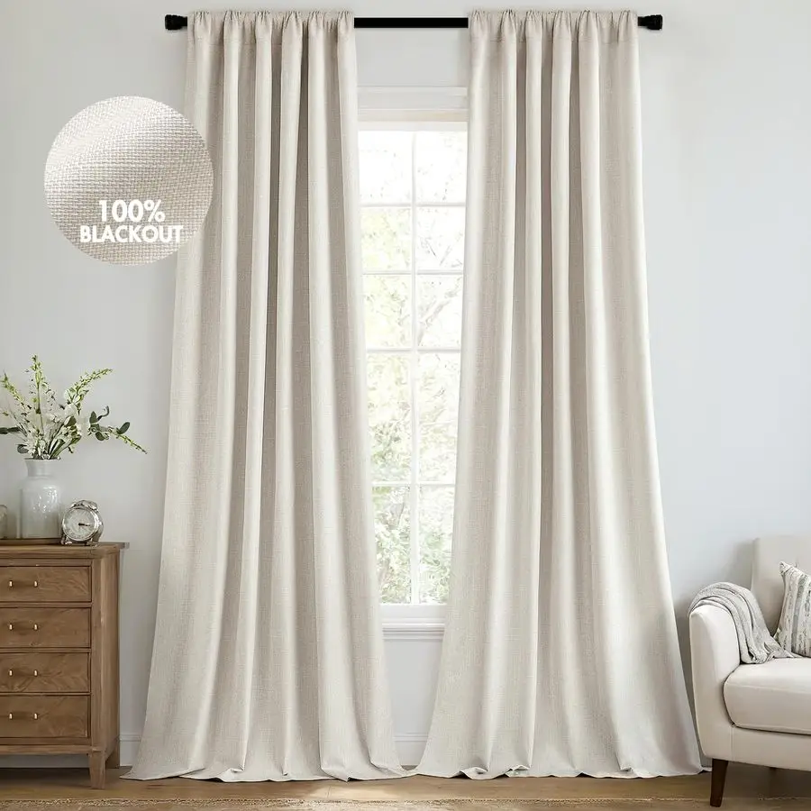 

100 Blackout Curtains 108 Inch Long 2 Panels Set for Bedroom, Thick Luxury Faux Linen Black Out Curtain Room Darkening Back Tab