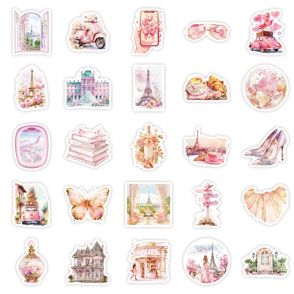 10/30/50pcs Cute Pink Romantic Paris Stickers Aesthetic Decals Notebook Laptop Phone Suitcase Girl Cartoon Sticker for Kids Toy