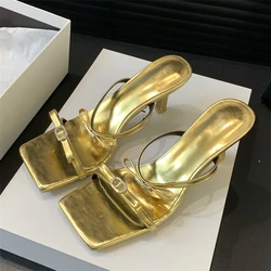 Eilyken Sexy Square Toe Thin Heels Women Slippers Designer Butterfly-knot Narrow Band Wedding Party Summer Shoes