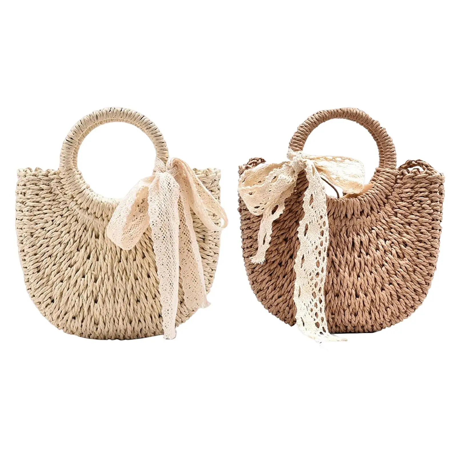 Summer Straw Bag Big Capacity with Handle Woven Handbag Shoulder Bag with Lace Basket for Casual Shopping Vacation Beach Travel