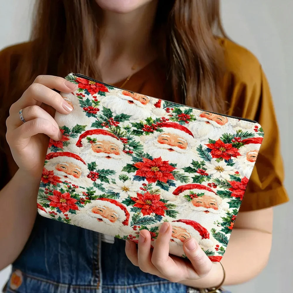 1pc New Watercolor-Style Santa Claus Storage Bag -Scarlet Hydrangea Red Fruit Floral Zipper Handbag Print Storage Bag