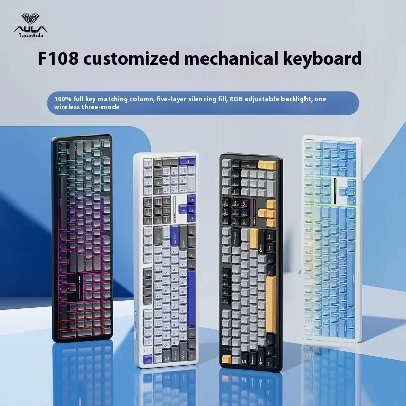 Aula F108 Mechanical Keyboard Wireless Tri Mode 108keys Pbt Hot Plug Rgb Long Battery Life Customized Gaming Keyboard Laptops