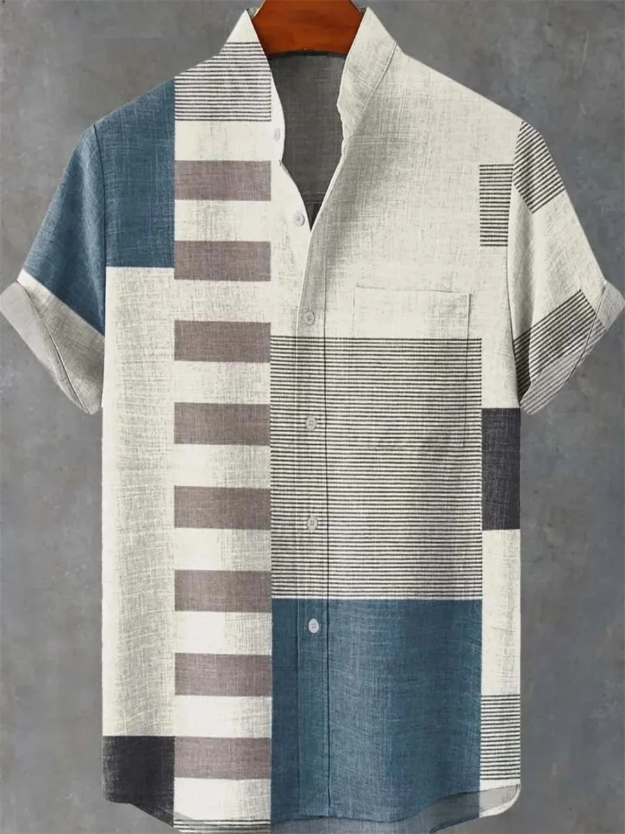 New Hawaiian shirt men's art print simple pattern high quality men's casual linen short sleeve stand collar shirt