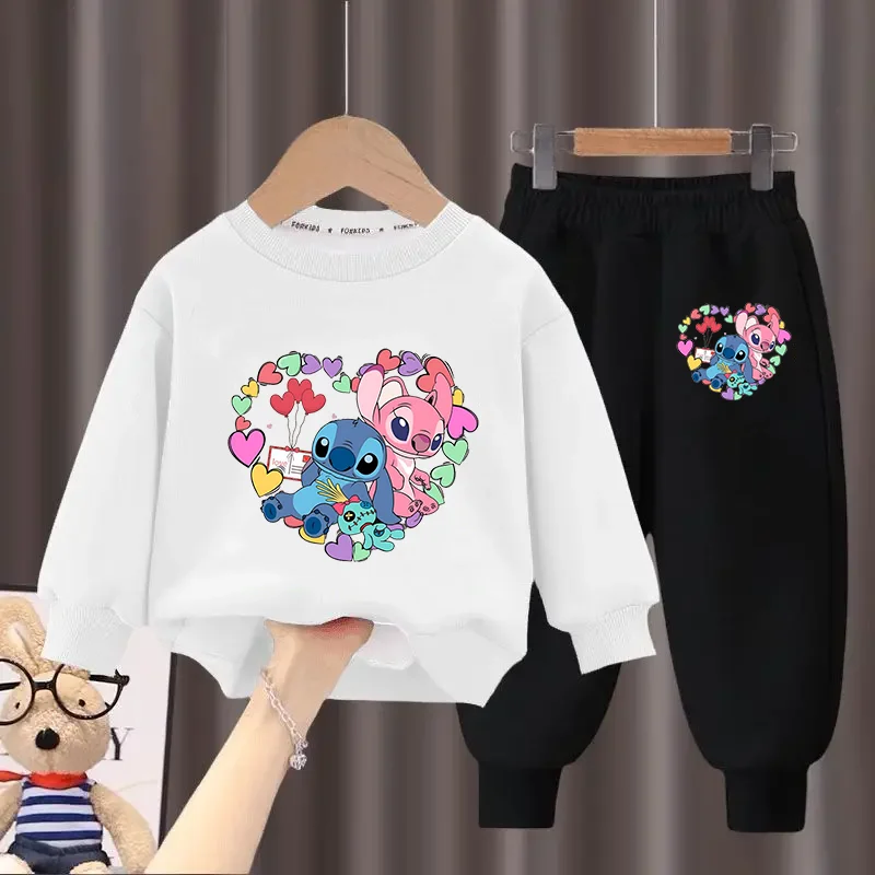 Disney Stitch Print Long-sleeved Loose Clothes Suits Anime Autumn Winter O-neck Pullover Crewneck Warm Childrens Sweatshirt Set