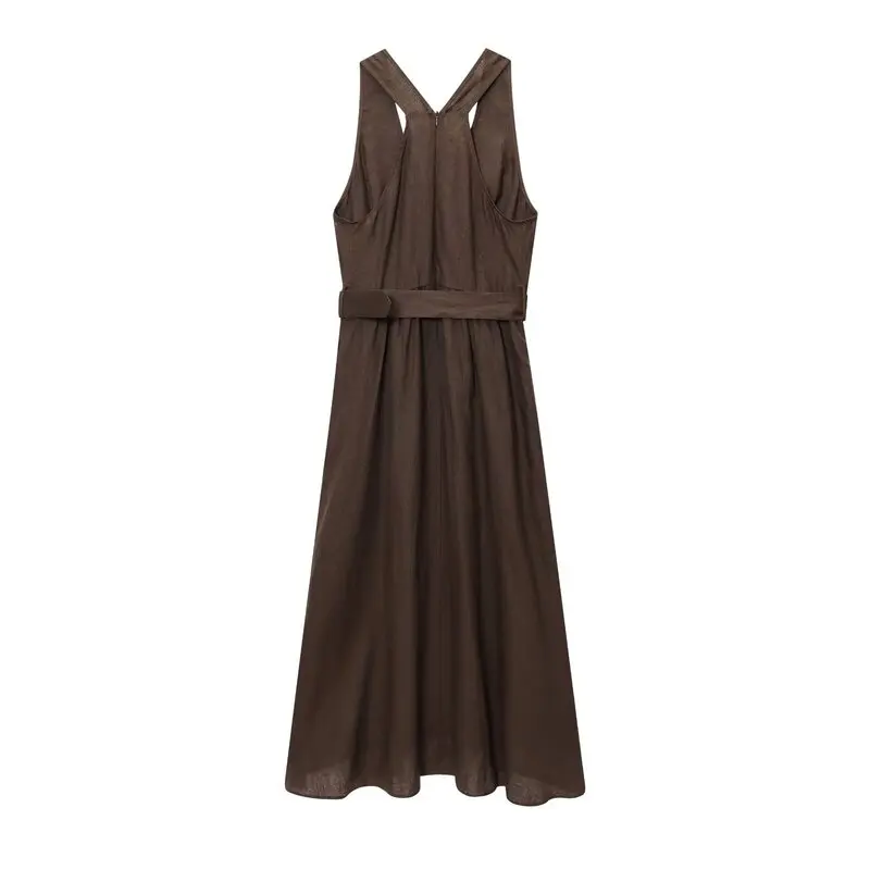 Novedad de verano, vestido de lino Faion con tirantes anchos para mujer, vestido acampanado Svel V-Ne, falda larga de cintura alta