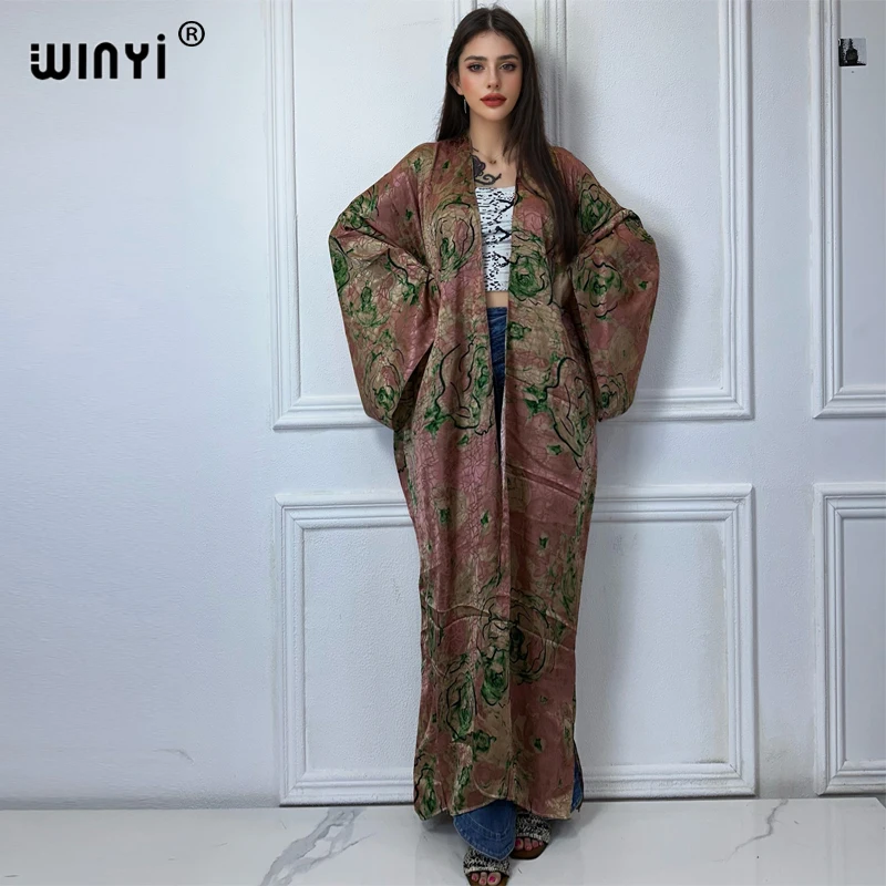 WINYI 2024 High-quality Double-sided Print Silk feel Dress Beach Wear Boho Cardigan abaya women muslim dress Long Sleeve Kimono