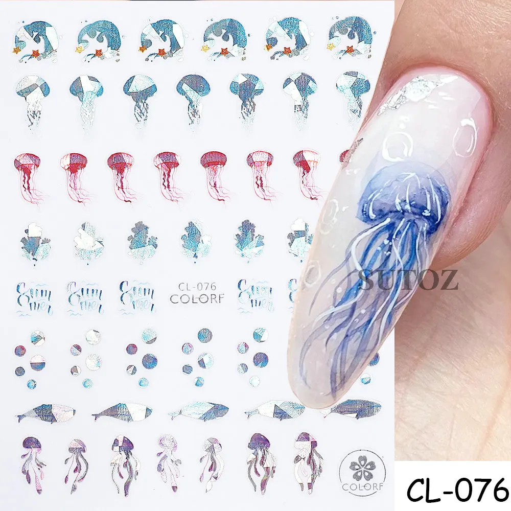 Holographic Mermaid Nail Stickers Summer Sea Animals Starfish Shell Laser Effect Nail Decals Cute Cartoon Nail Parts LEBCL-075