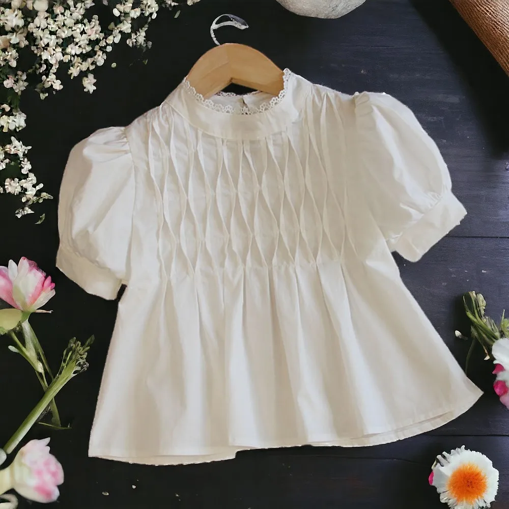 Summer Kids Outfits White Blouses for Girls Lace Shirts Short Sleeve Teenagers Clothes Baby Children Costumes 6 8 10 12 13 Years