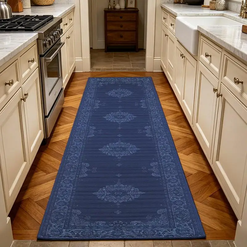 Vintage Oriental Navy Blue Faded Medallion Runner Rug, Machine Washable Long Hallway Corridor Carpet, Bohemian Floral Floor Mat for Entryway, Kitchen, Bedroom, Home Decor