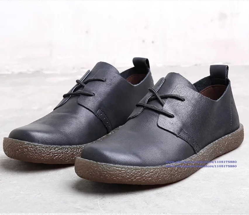 Mocassins de couro preto/marrom, bico redondo, sapatos masculinos de couro macio, sola baixa, com cadarço, sapatos casuais masculinos