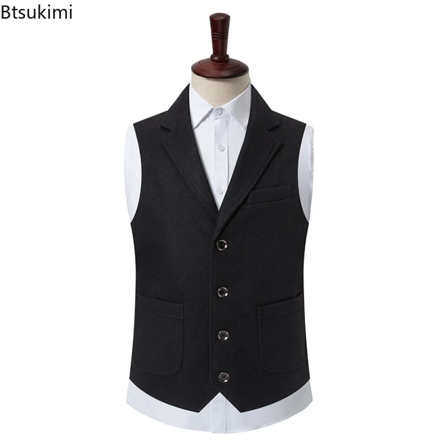 2024 Spring Autumn Vests for Men Casual Vest Jacket Wool V-neck Slim Solid Waistcoat Fashion Versatile Suit Vest Men's Clothes